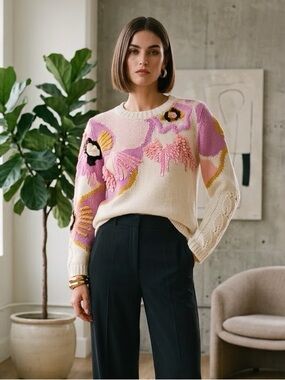 ESCADA Cream Floral Embellished Virgin Wool & Cashmere Sweater - Medium